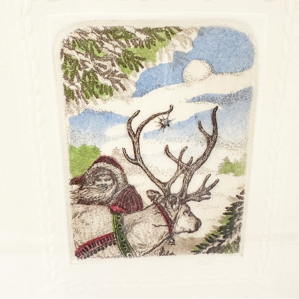 Gold Framed Christmas St. Nick Santa Reindeer Sketch Lithograph